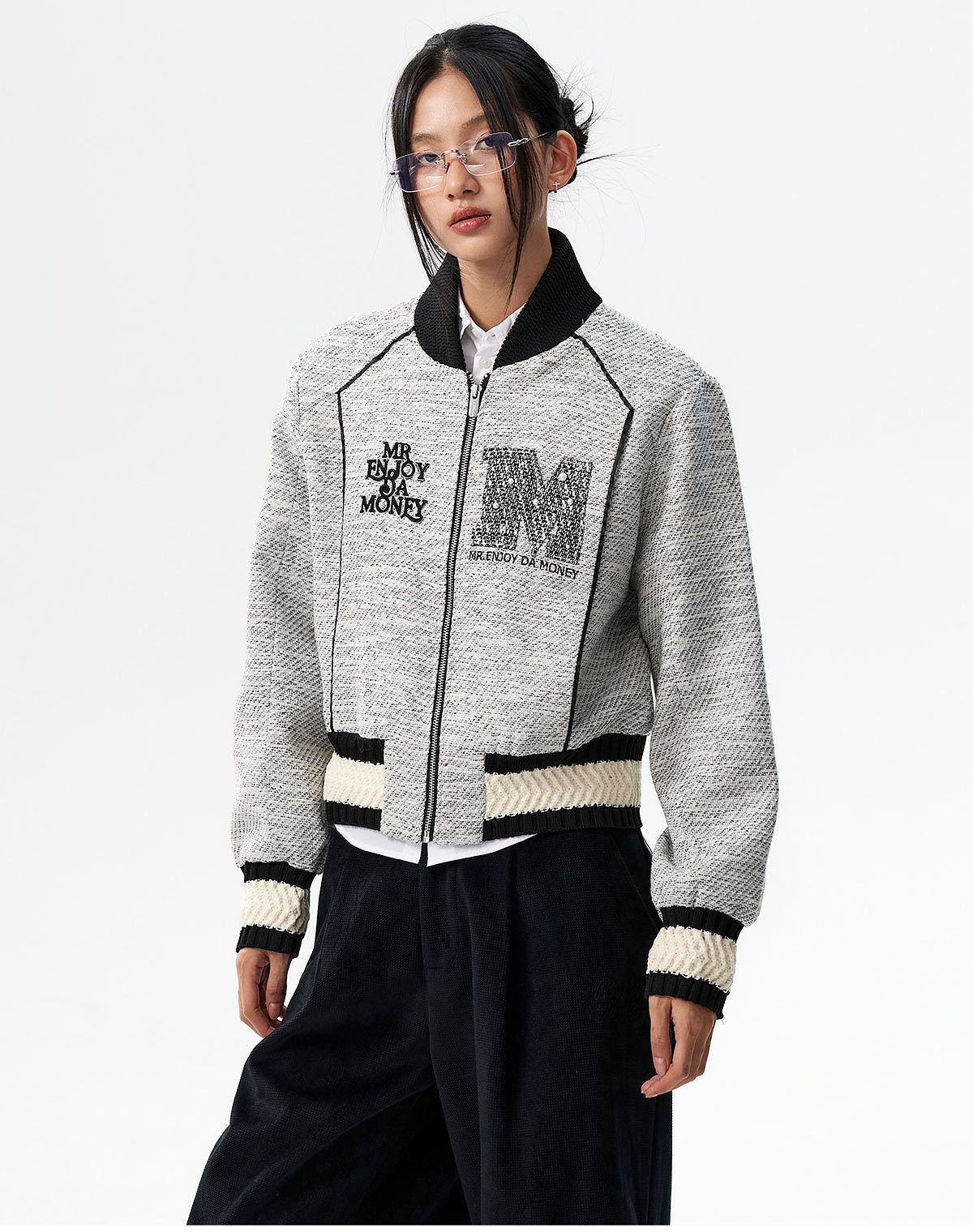 MEDM Pearl Tweed Short Varsity Jacket