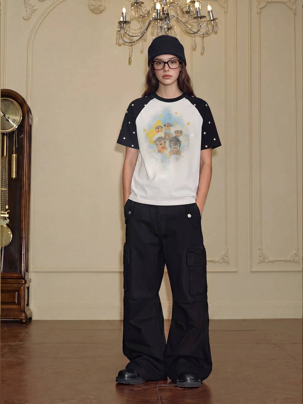 YADcrew Cartoon Dog Print Star Raglan Color Block Tee