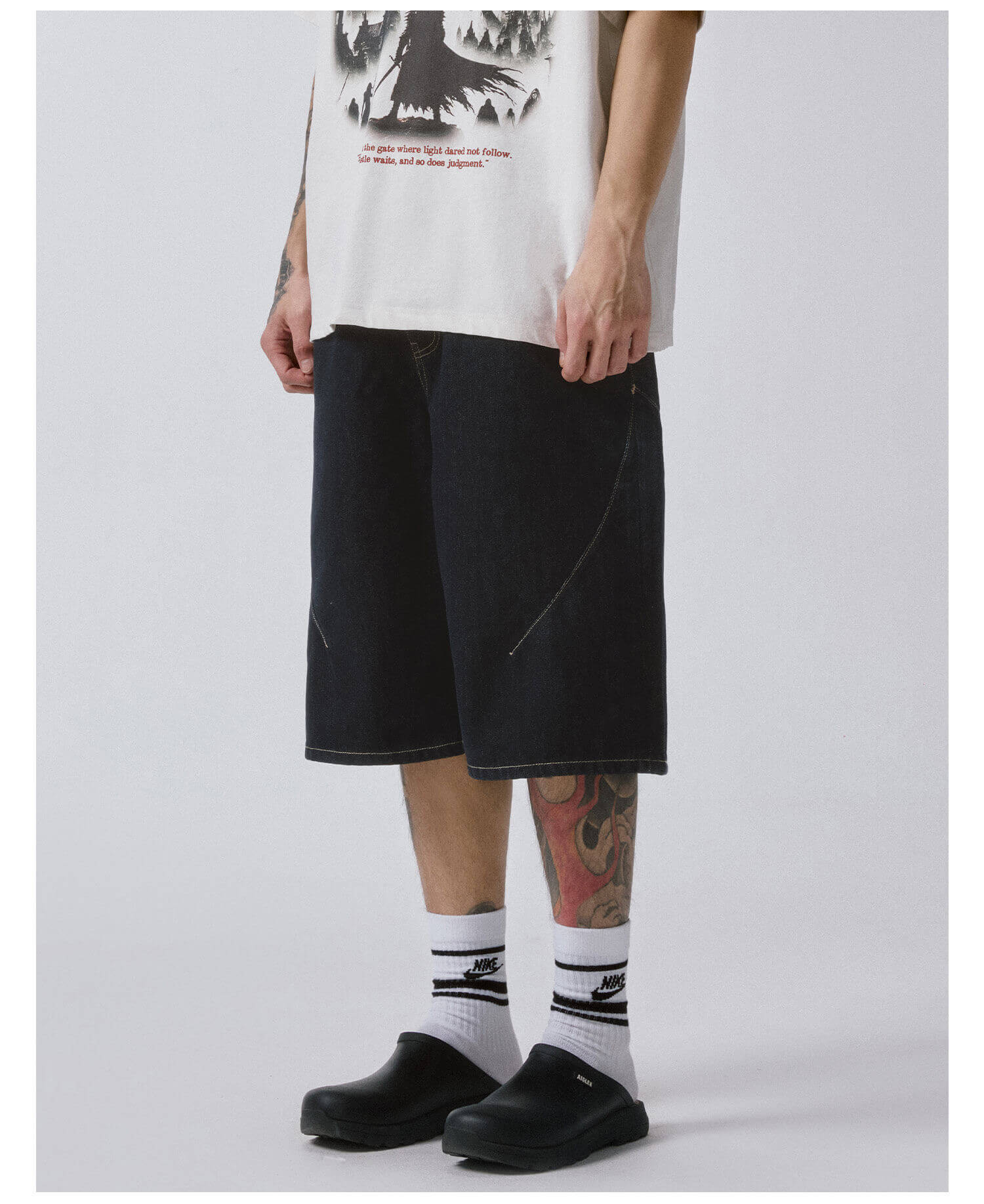 F2CE Plaid Pocket Patchwork Denim Baggy Shorts