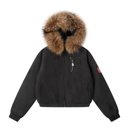 1807 Faux Fur Hood Trim Bomber Jacket