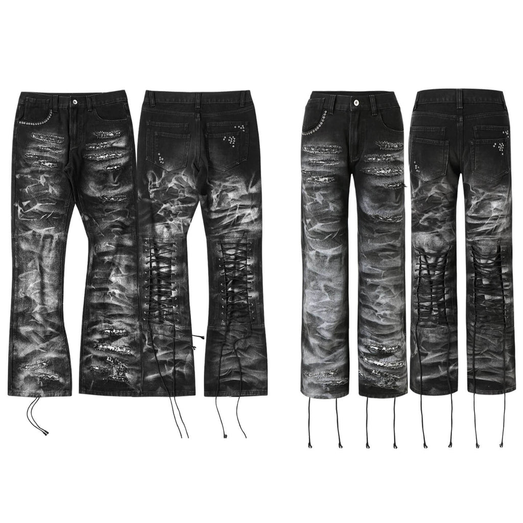 Night Lab Studded Lace Up Heavy Washed Distressed Jeans