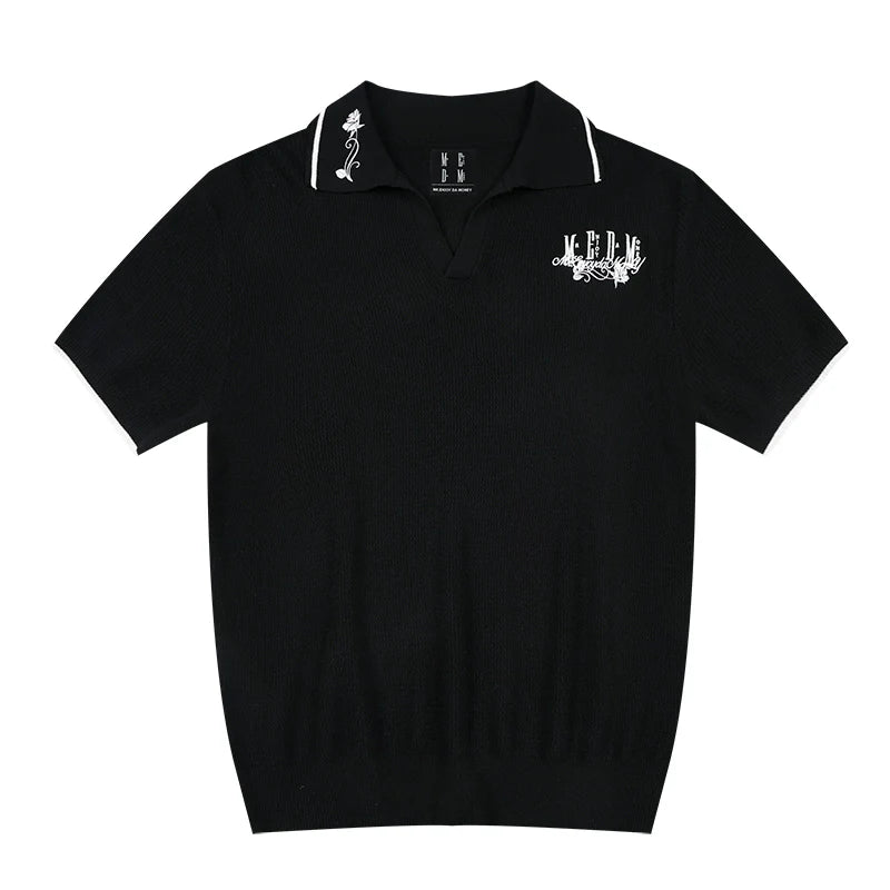 MEDM Rose Embroidered Waffle Knit Polo