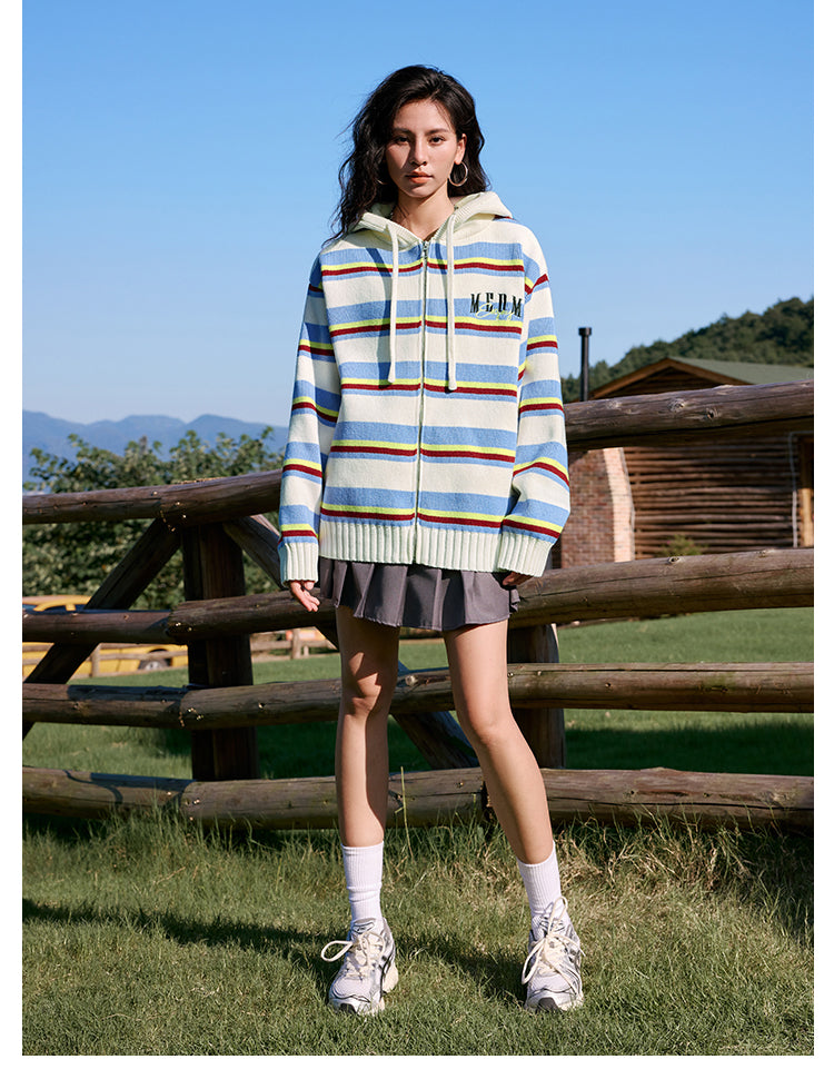 MEDM Colorful Stripes Zip-Up Knit Hoodie
