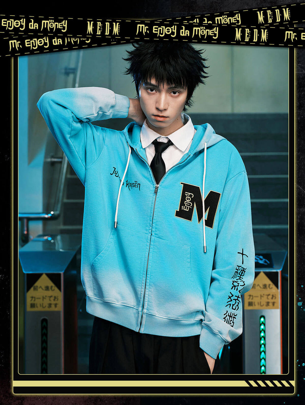 MEDM × Jujutsu Kaisen Washed Character Print Embroidered Zip Up Hoodie