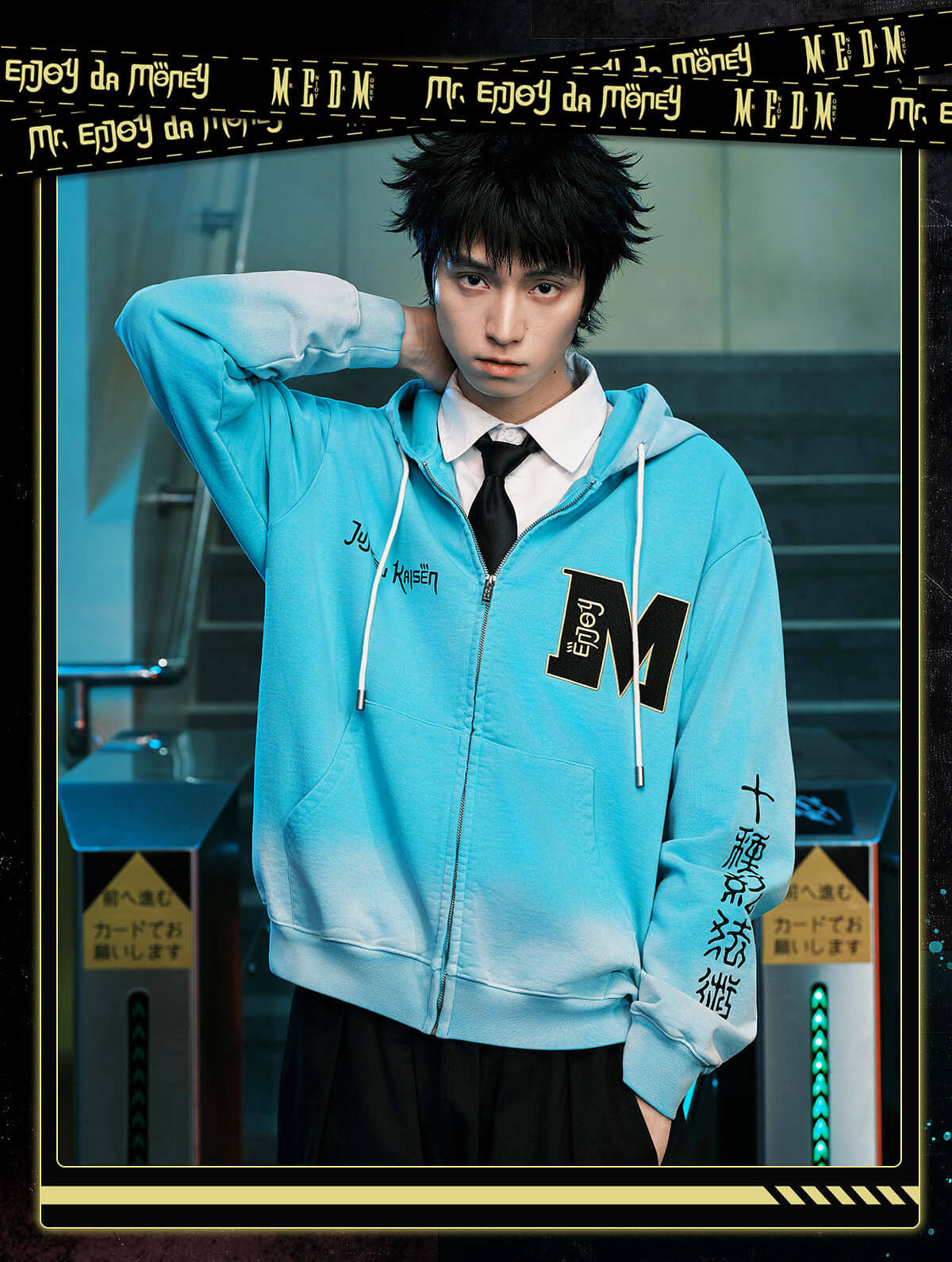 MEDM × Jujutsu Kaisen Washed Character Print Embroidered Zip Up Hoodie
