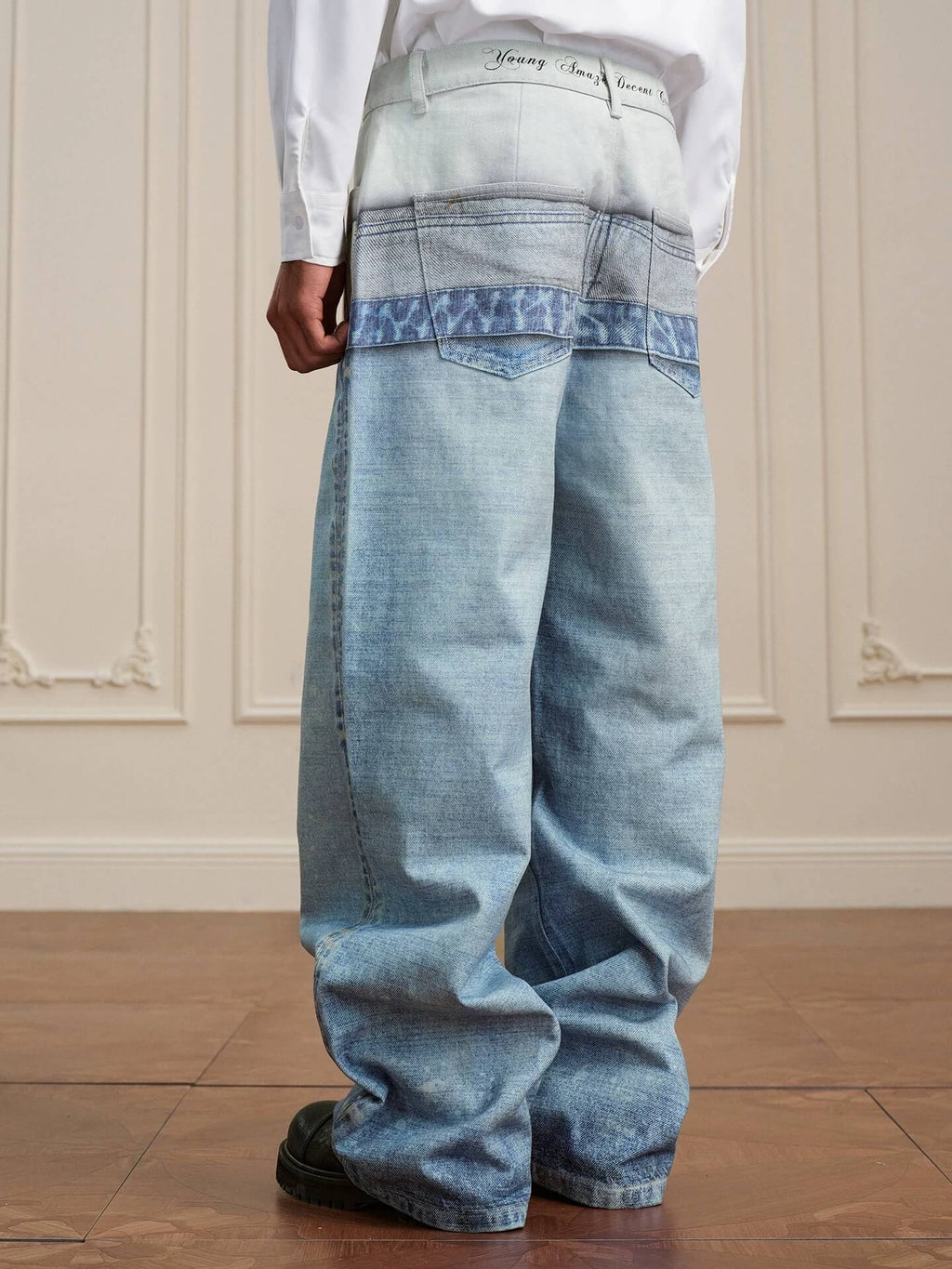 YADcrew 3D Digital Print Double Waist Washed Jeans