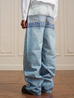 YADcrew 3D Digital Print Double Waist Washed Jeans
