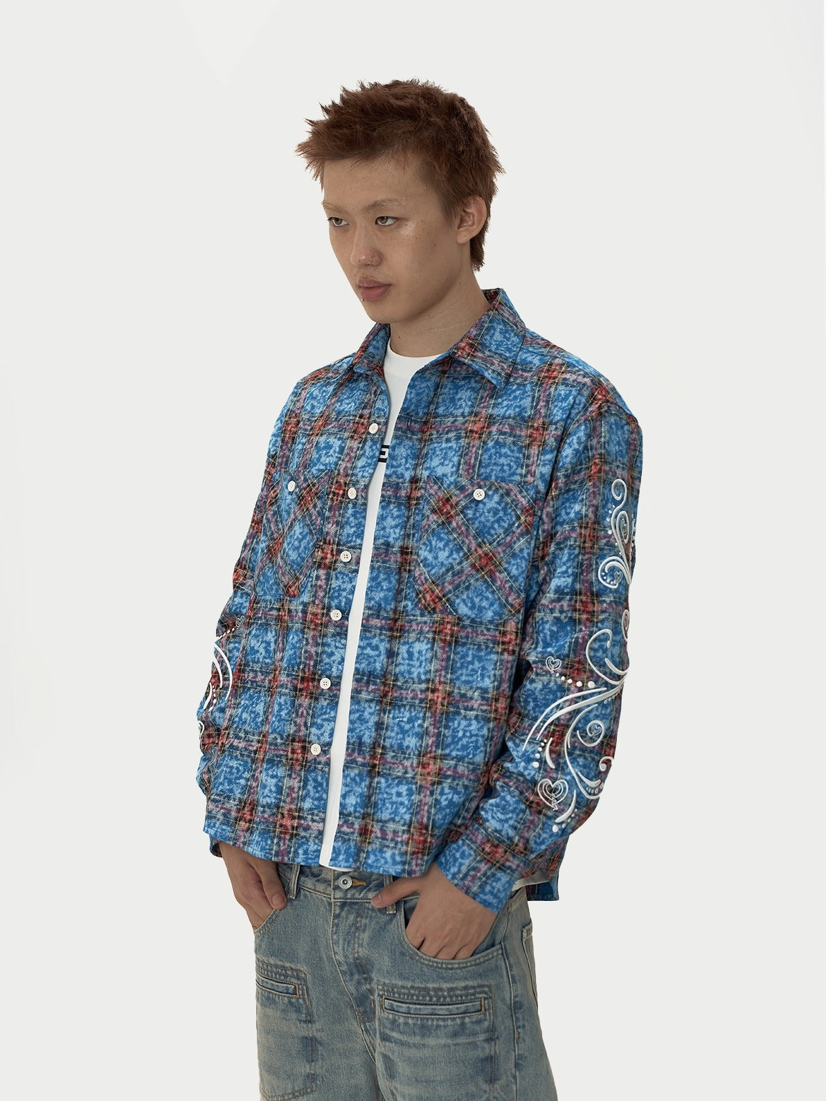 EVILKNIGHT(EK) Floral Embroidered Plaid Long Sleeve Shirt