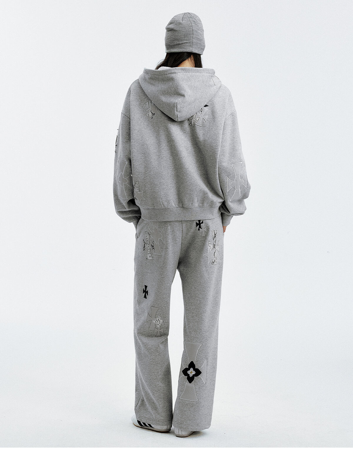 MEDM Cross Star Leather Patchwork Zip Up Hoodie
