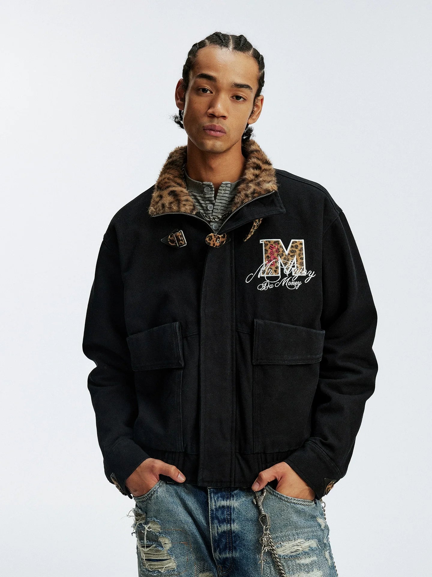 MEDM Leopard Collar Belted Work Jacket