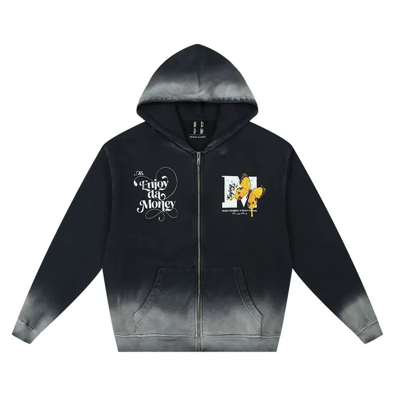 MEDM Washed Angel Butterfly Print Zip Up Hoodie