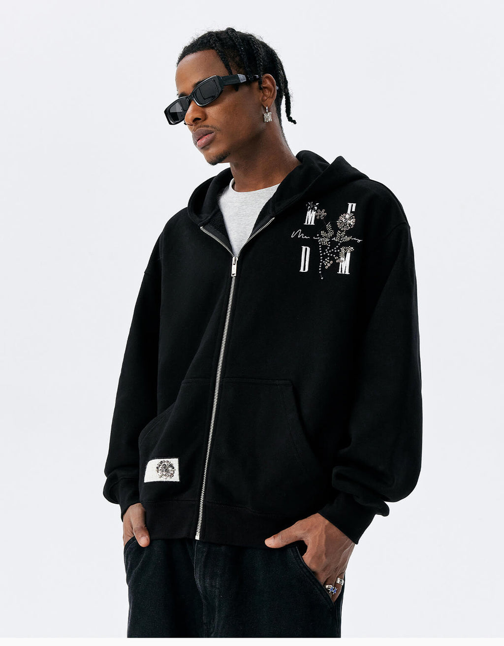 MEDM Beaded Flower Embellished Zip Up Hoodie