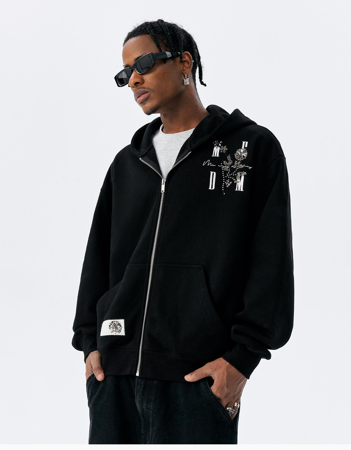 MEDM Beaded Flower Embellished Zip Up Hoodie