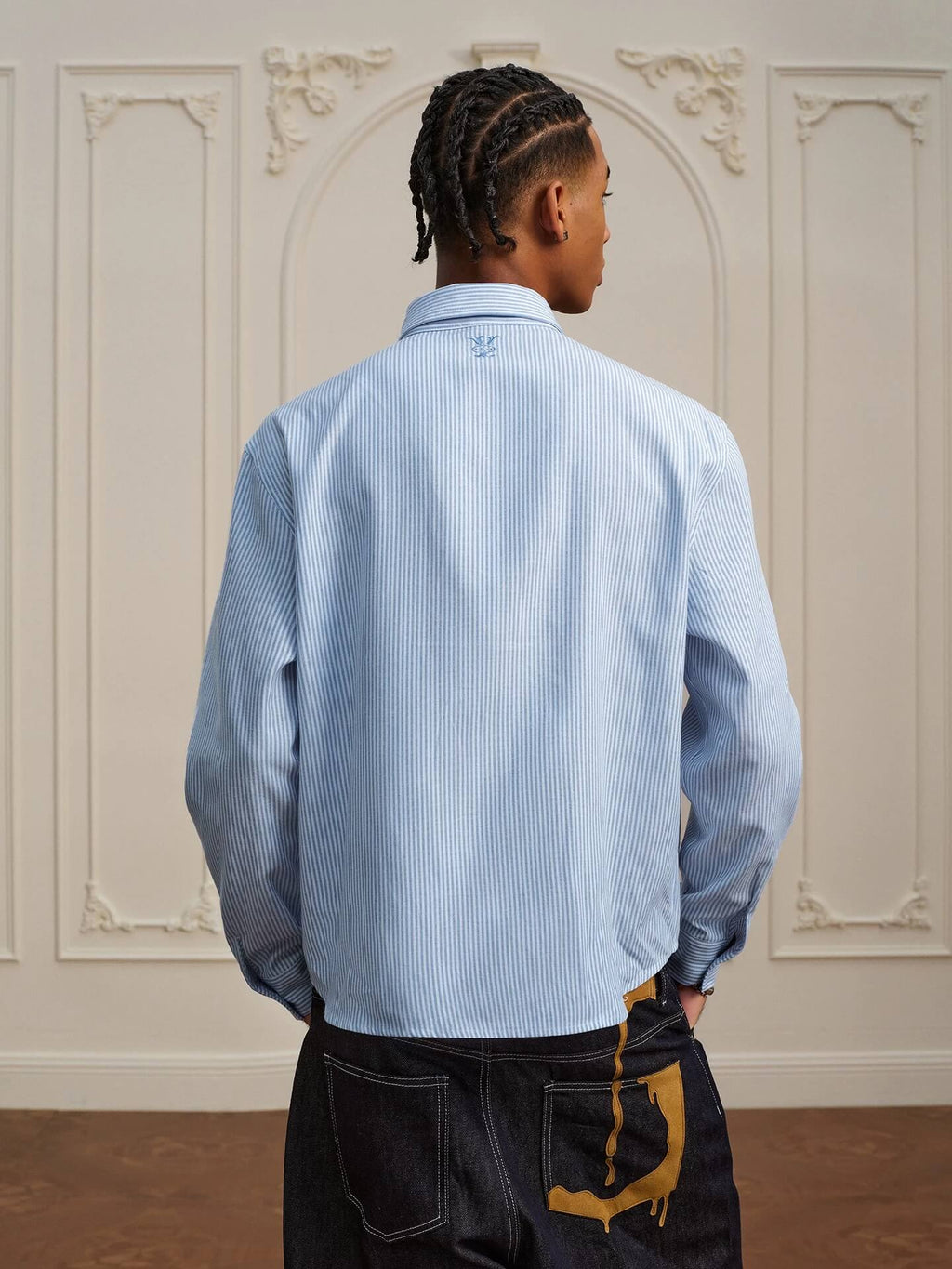 YADcrew Striped Embroidered Placket Button Up Long Sleeve Shirt