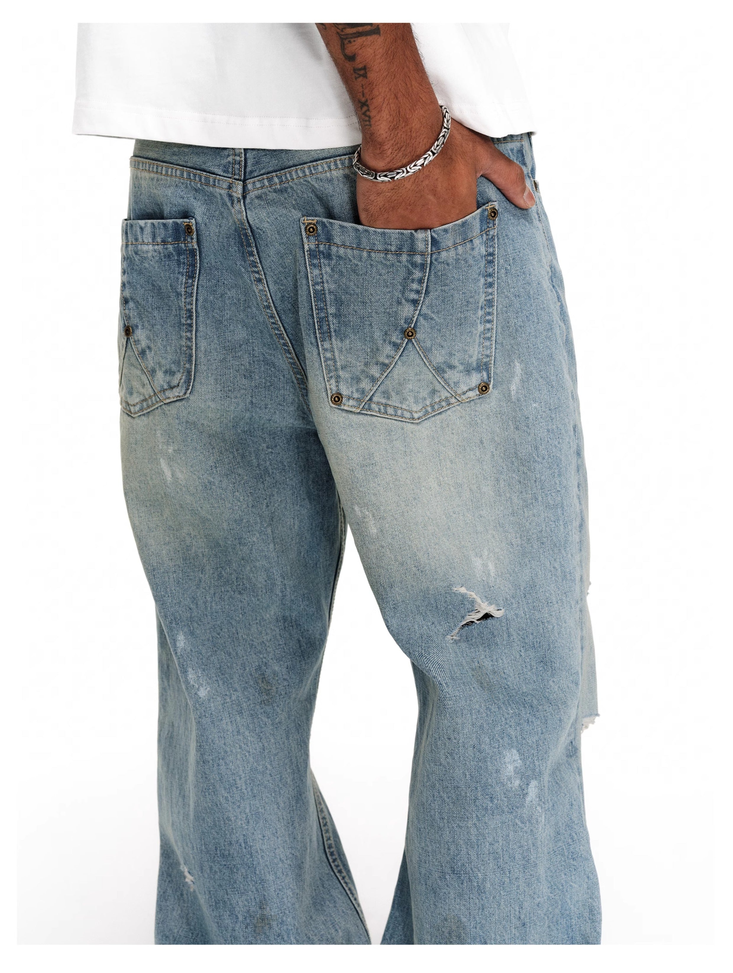 ANTIDOTE Washed Ripped Holes Light Blue Flared Jeans