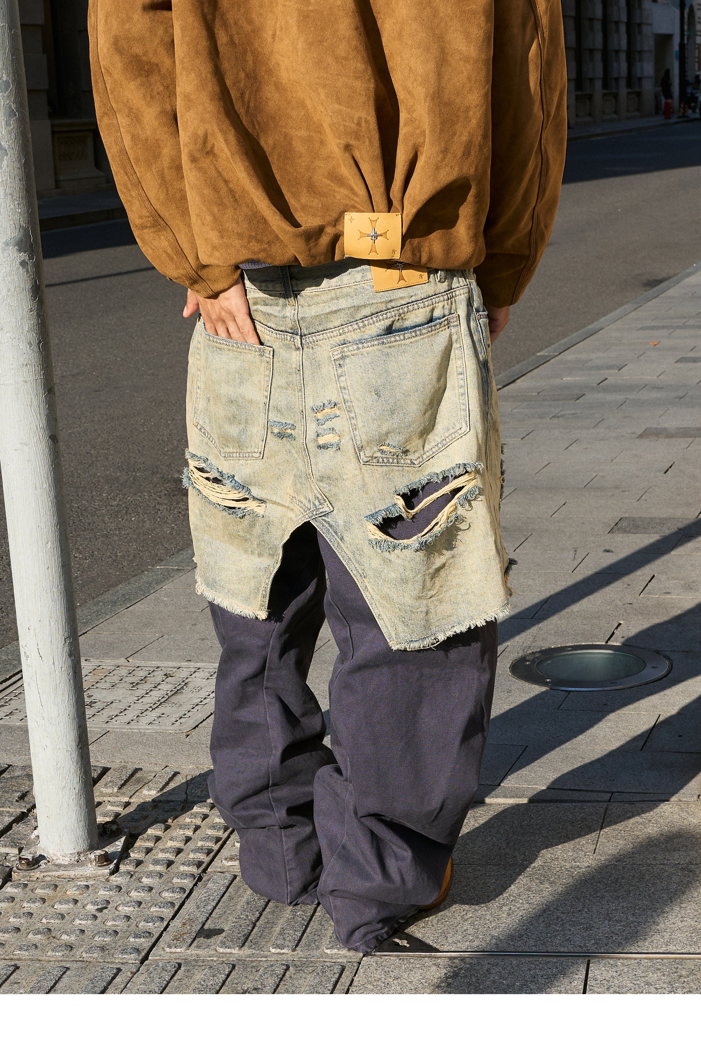 STEEPC Layered Design Washed Distressed Baggy Jeans