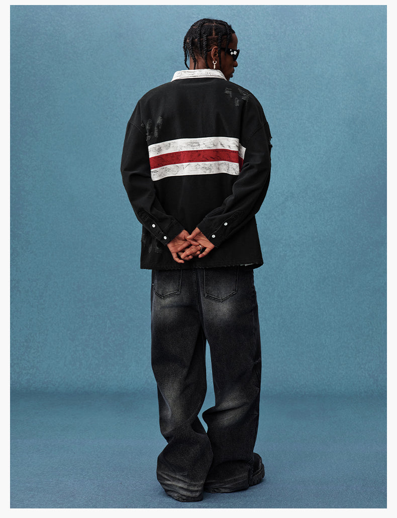 MEDM Asymmetric Collar Stripes Long Sleeve Polo