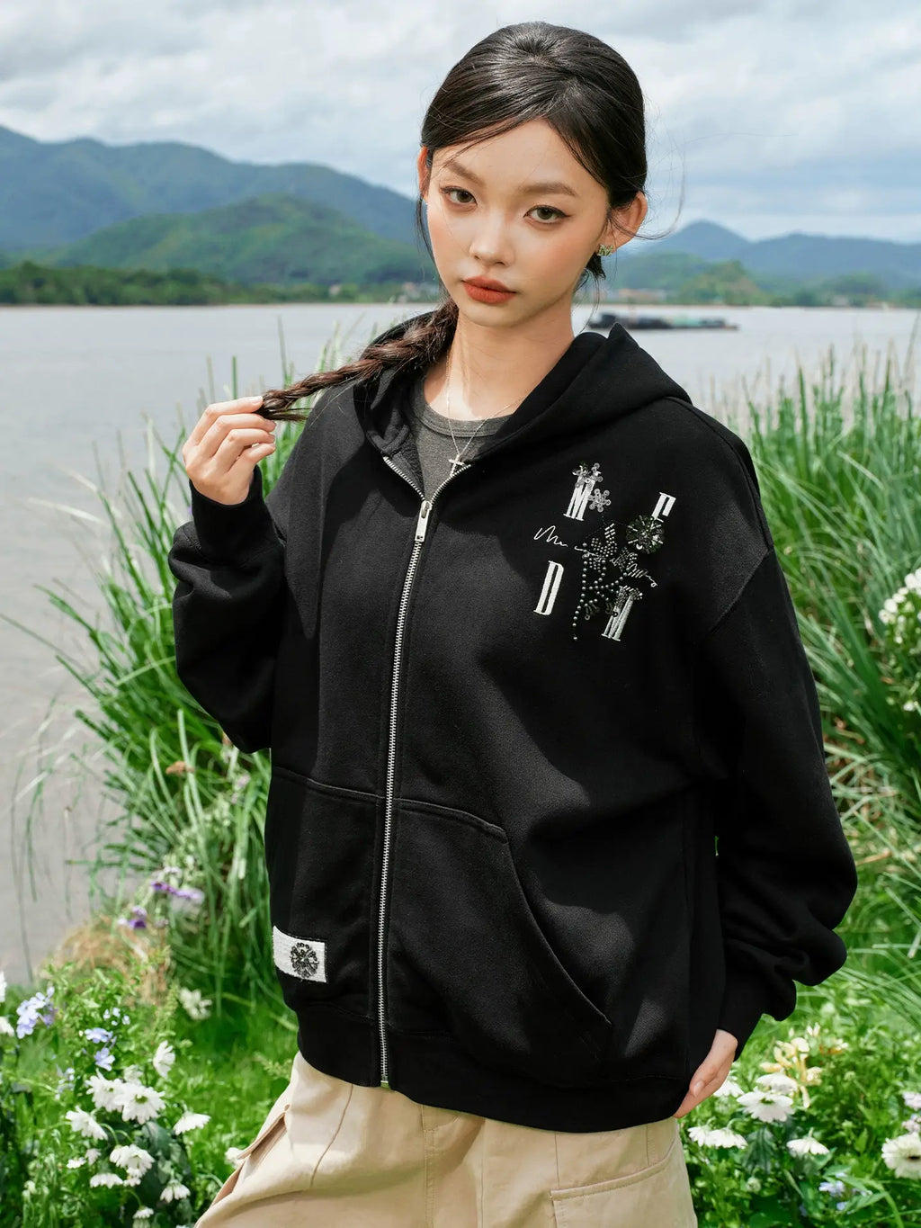 MEDM Beaded Flower Embellished Zip Up Hoodie
