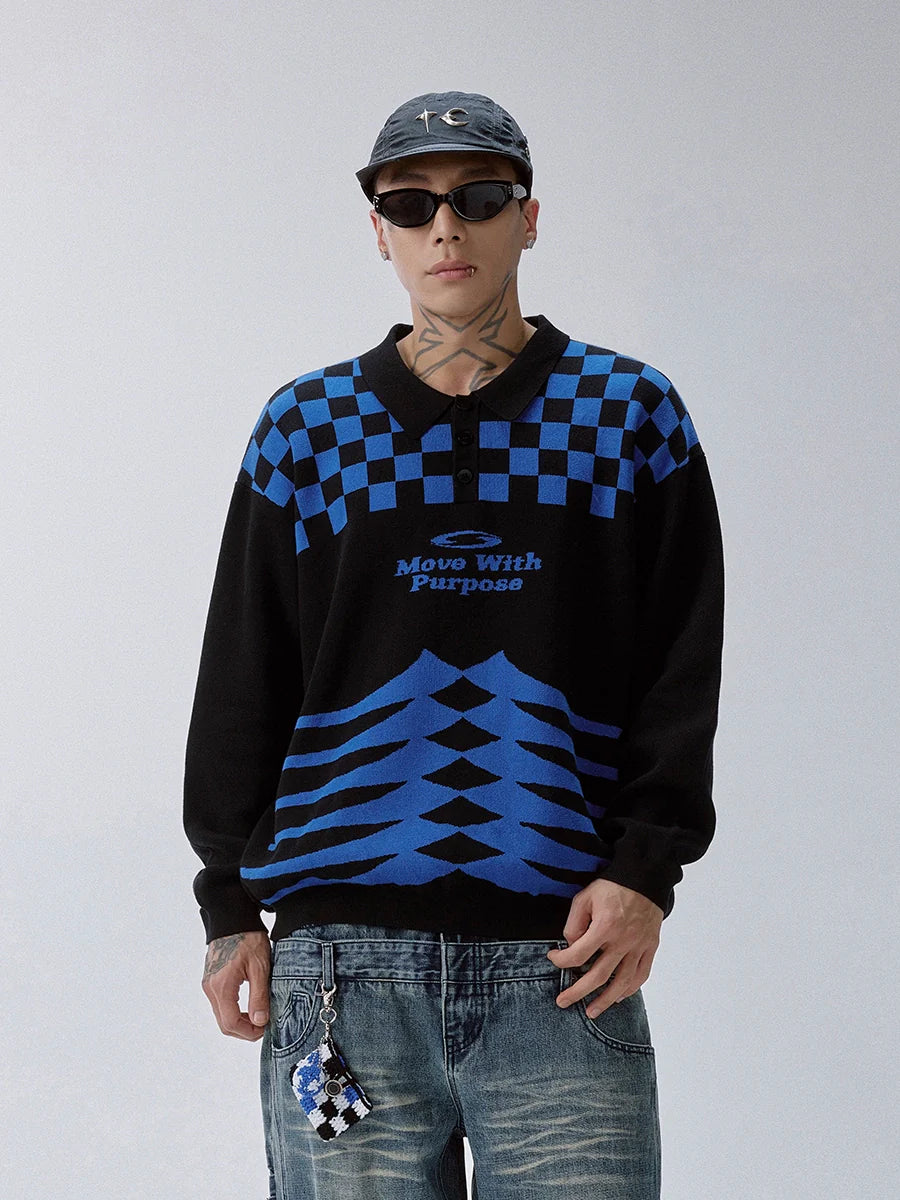 F2CE Checkerboard Pattern Polo Knit Sweater