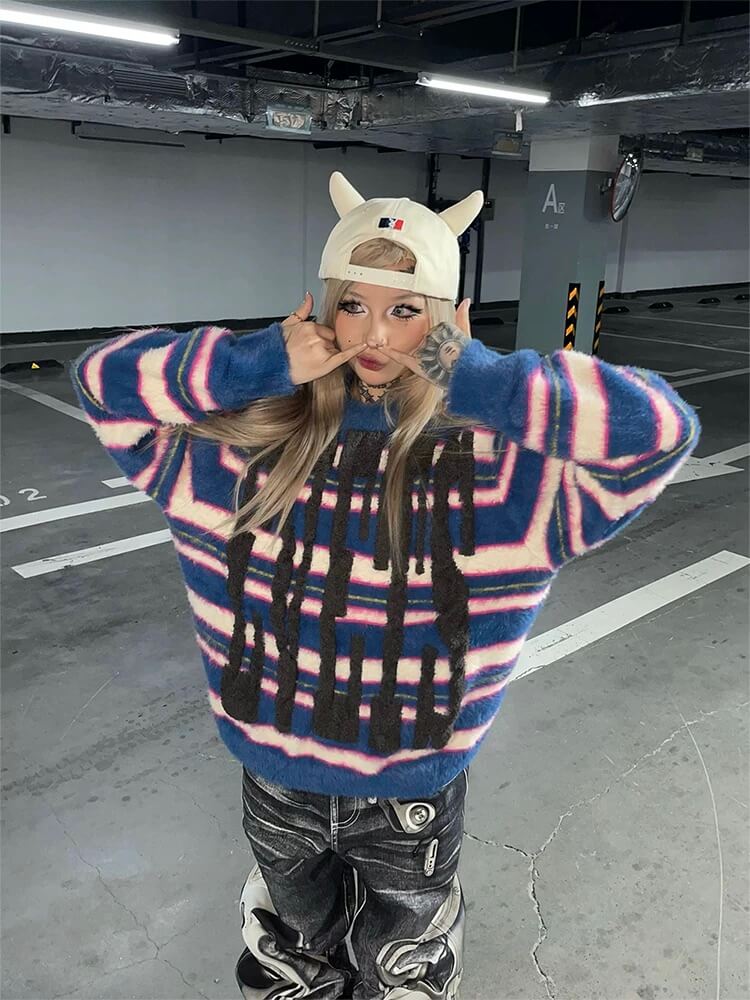 EVETS Logo Striped Fuzzy Knit Sweater
