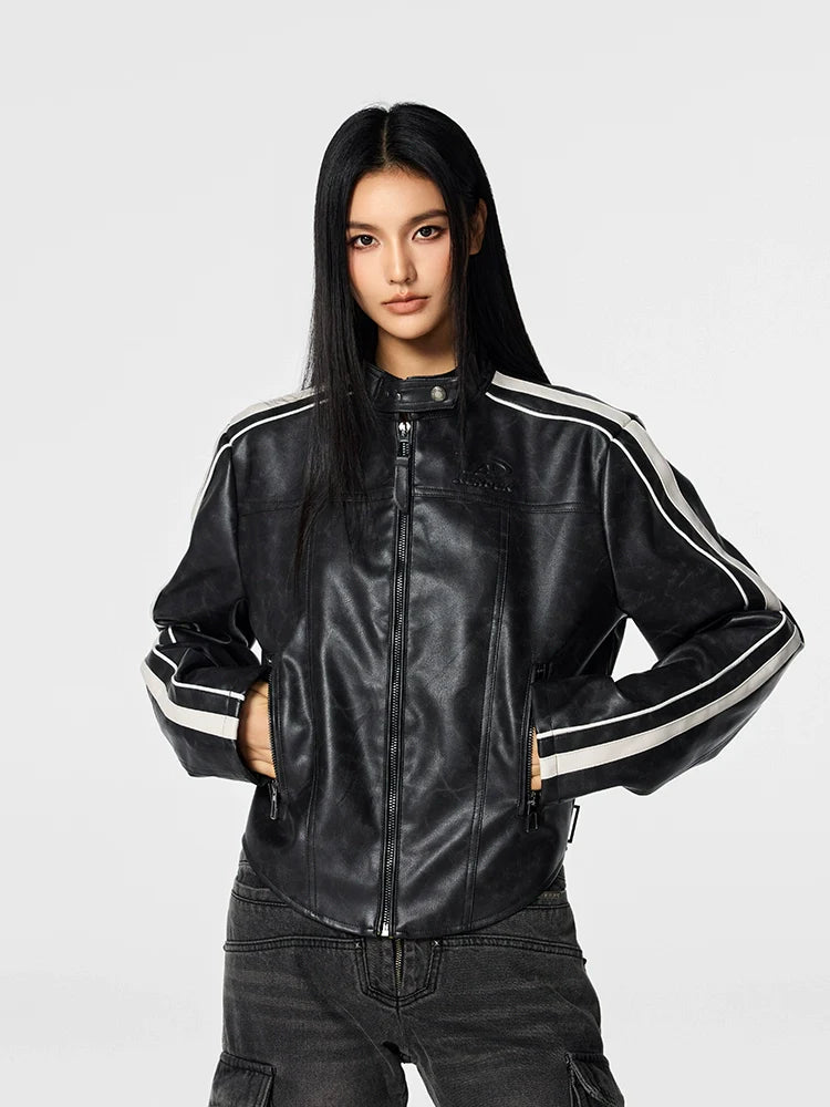 Achock Girls' Striped Leather Short Motorcycle Jacket