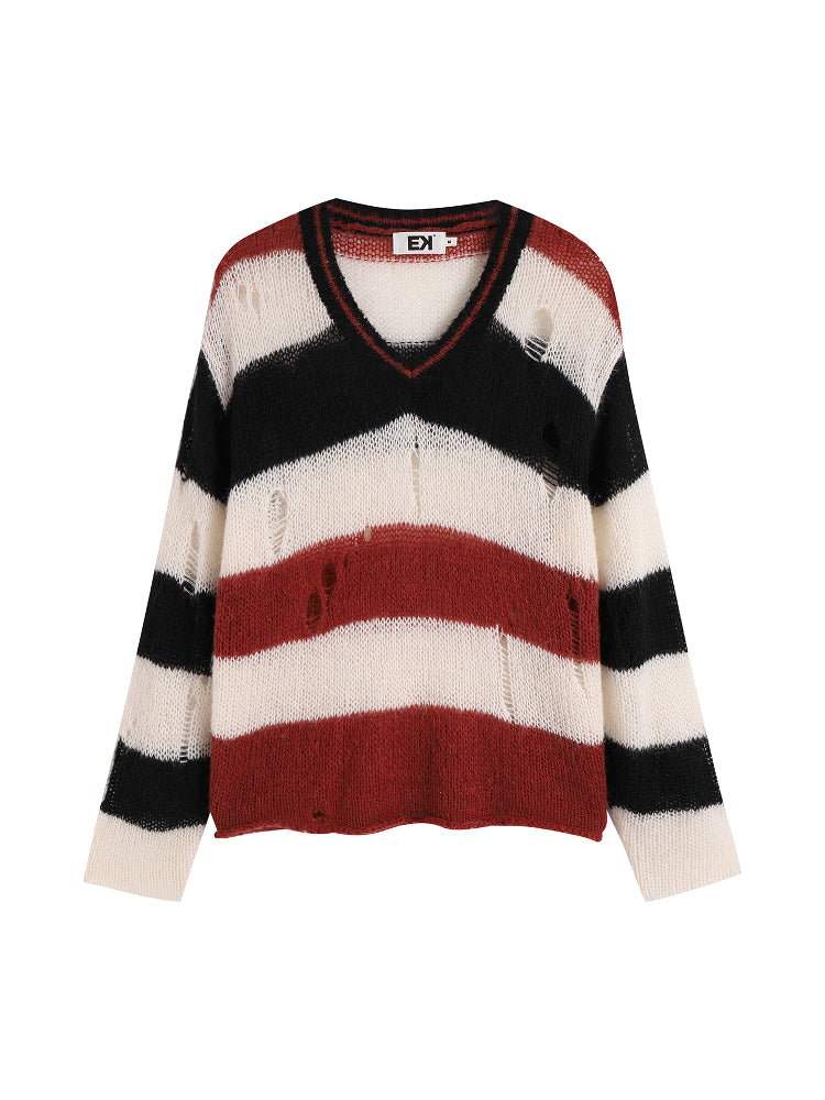EVILKNIGHT(EK) Striped Colorblocking Distressed V-Neck Knit Sweater