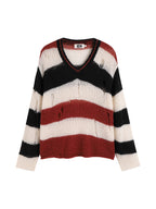 EVILKNIGHT(EK) Striped Colorblocking Distressed V-Neck Knit Sweater