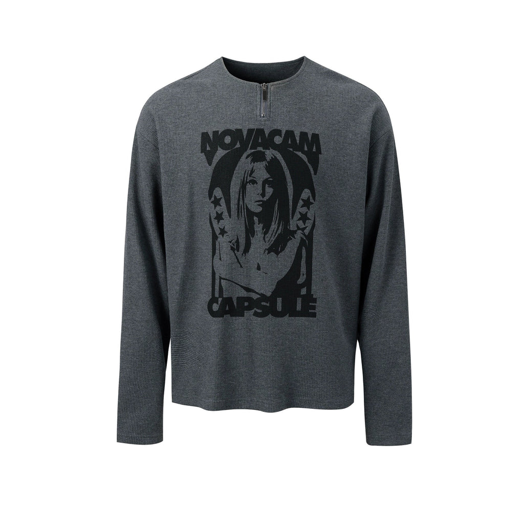 NOVACAM Waffle Vintage Print Zip Long Sleeve Tee
