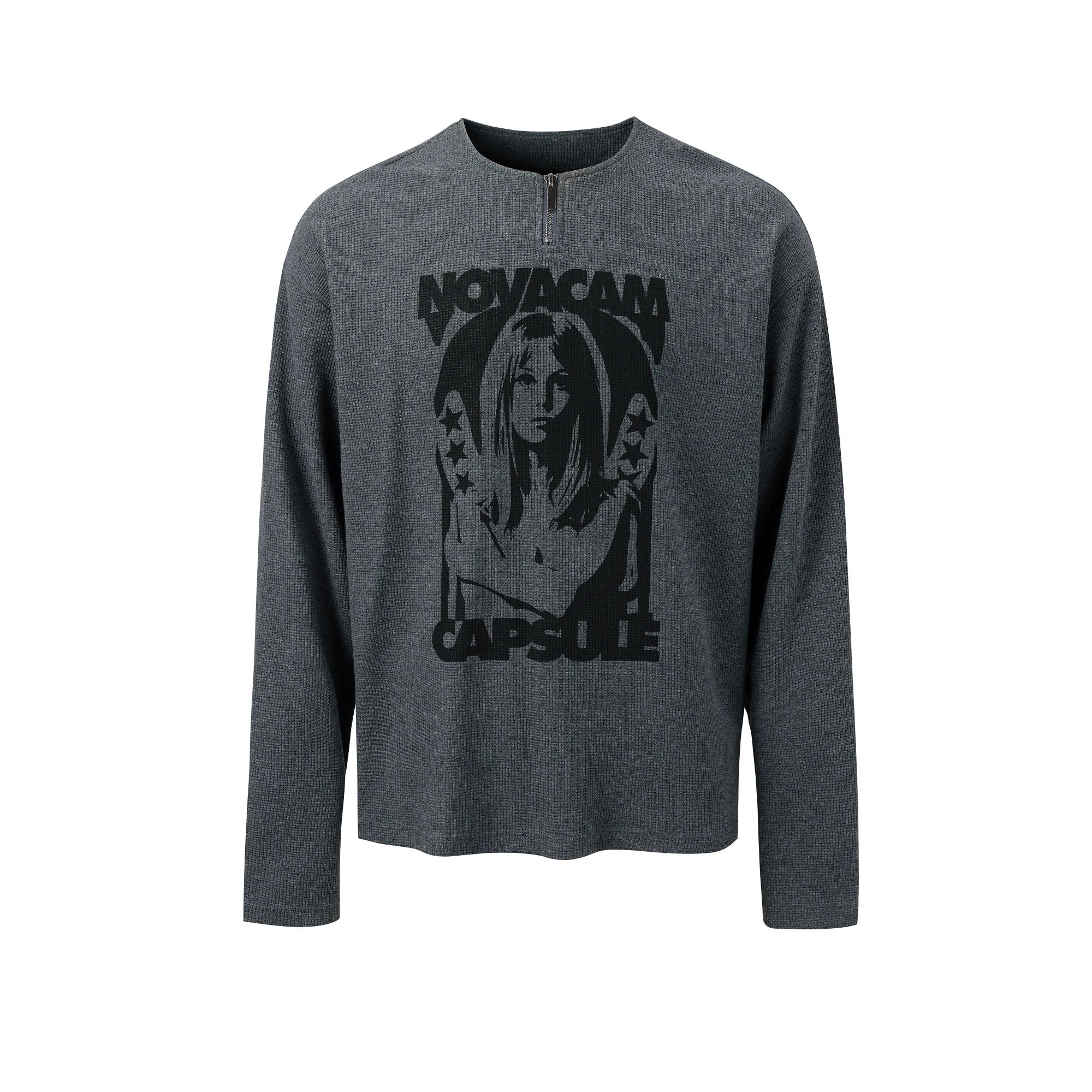 NOVACAM Waffle Vintage Print Zip Long Sleeve Tee