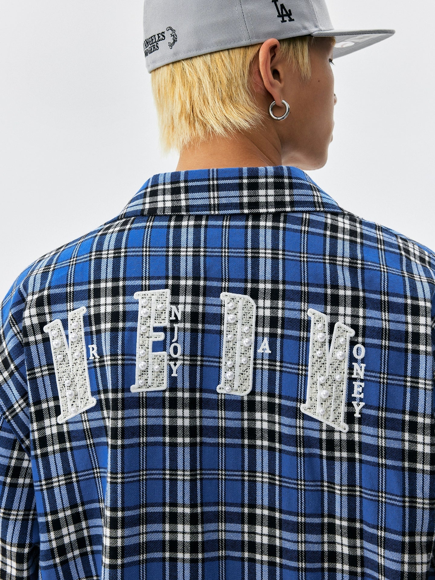 MEDM Blue Pearl Embroidery Plaid Long Sleeve Shirt