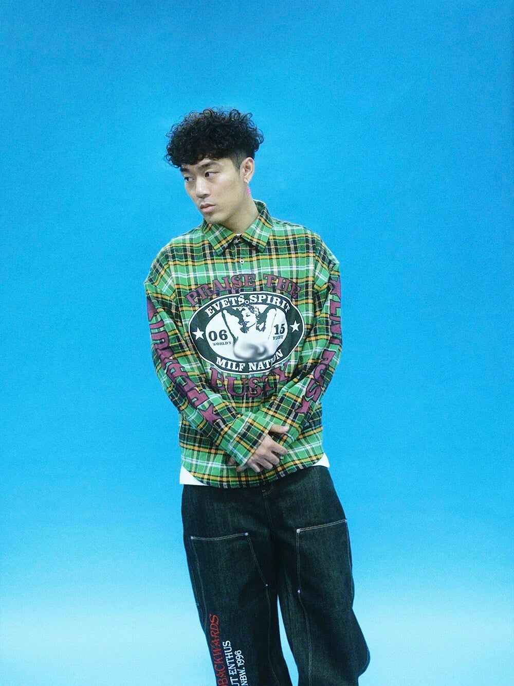 EVETS Plaid Color Block Graphic Long Sleeve Shirt