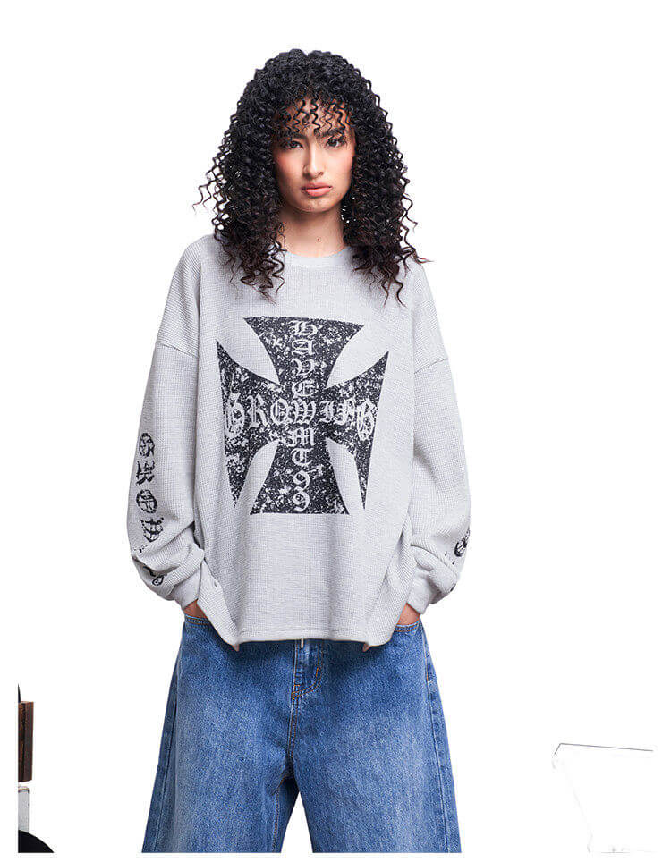 F3F Select Vintage Cross Print Waffle Long Sleeve Tee