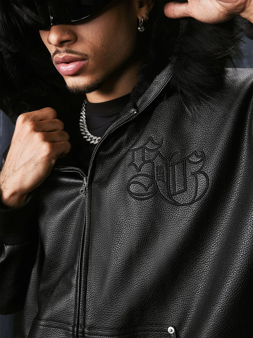 1807 Fur Collar PU Leather Hooded Jacket