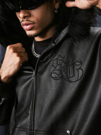 1807 Fur Collar PU Leather Hooded Jacket