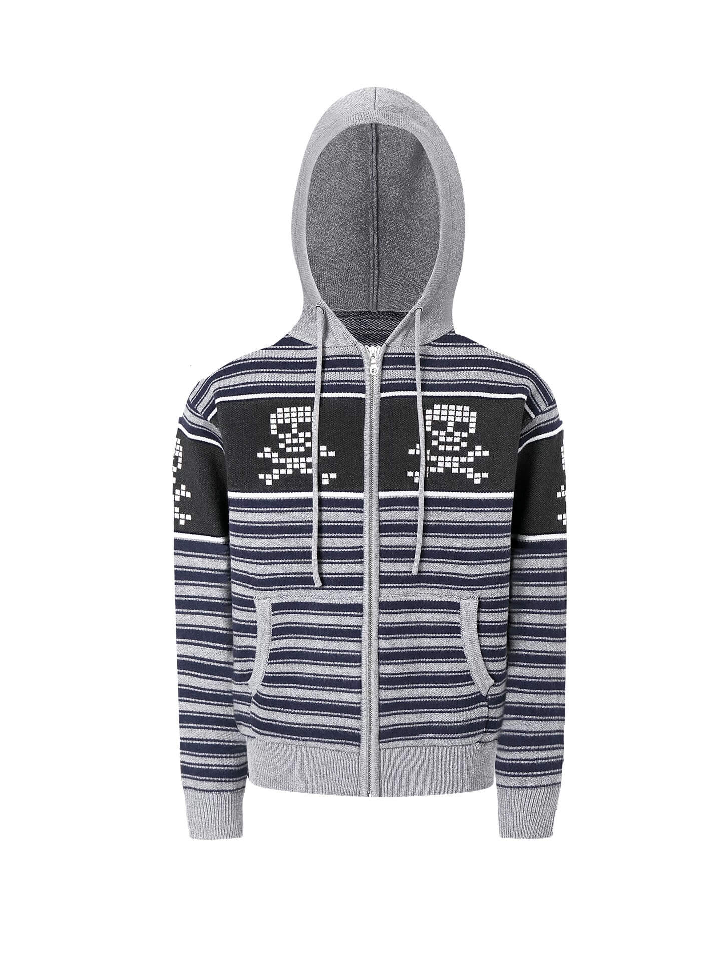 Night Lab Skull Striped Knit Zip Up Hoodie