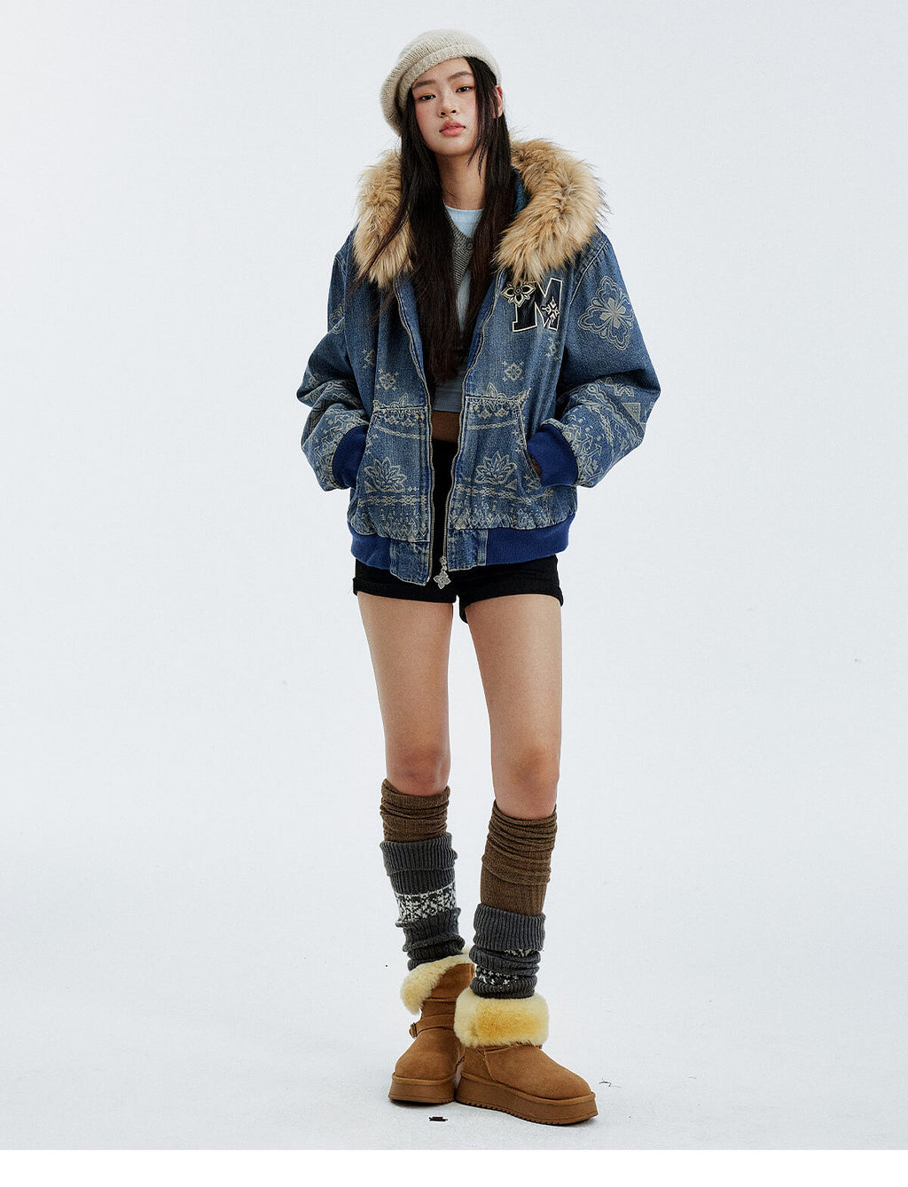MEDM Ethnic Paisley Denim Hooded Jacket