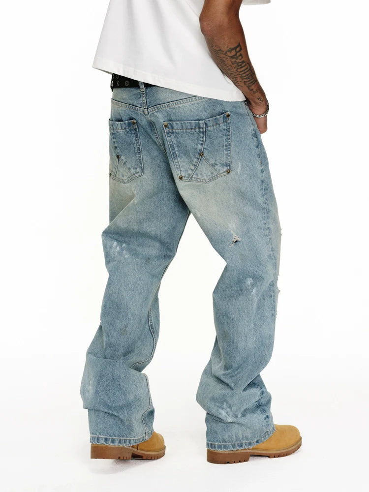 ANTIDOTE Washed Ripped Holes Light Blue Flared Jeans