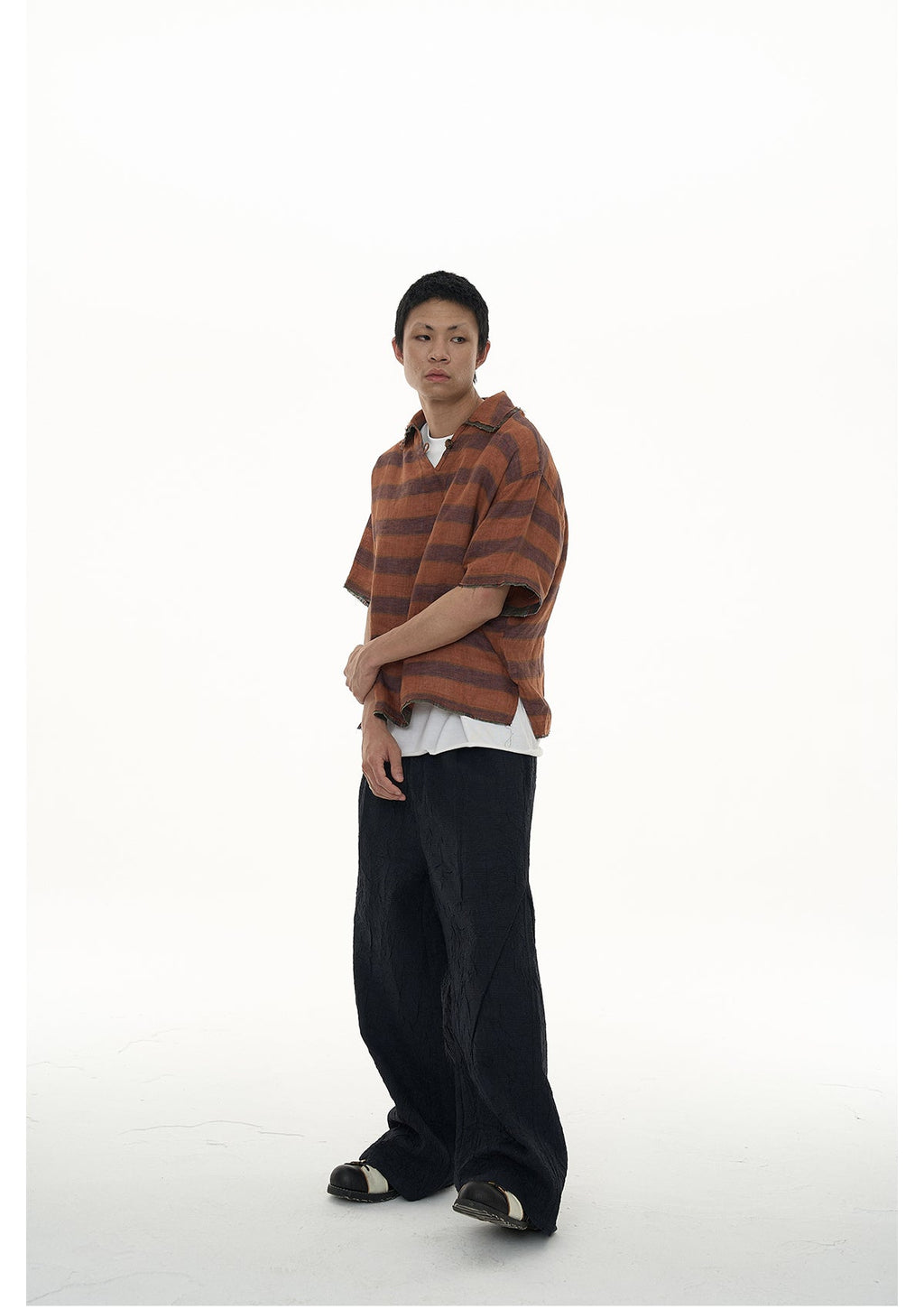 EVILKNIGHT(EK) Striped Plaid Tie-Dye Linen Polo Shirt