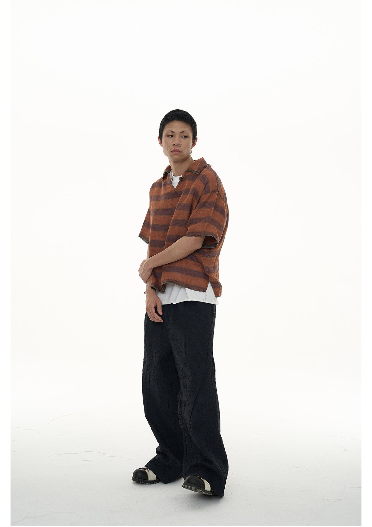 EVILKNIGHT(EK) Striped Plaid Tie-Dye Linen Polo Shirt