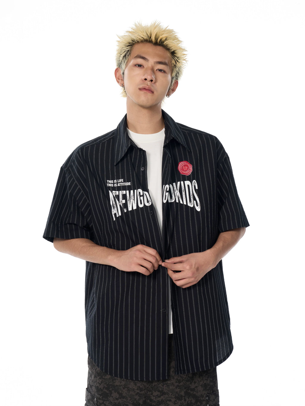 AFGK Striped Logo Print Short Sleeve Shirt