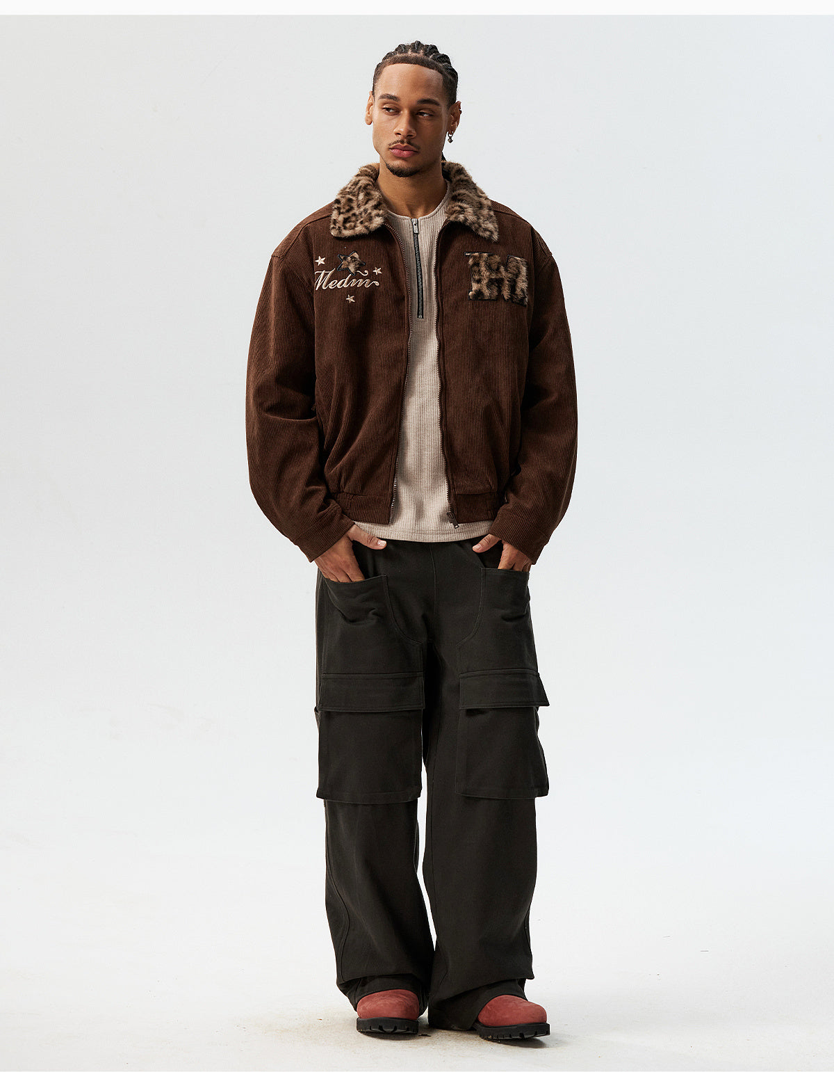 MEDM Leopard Fur Collar Corduroy Jacket