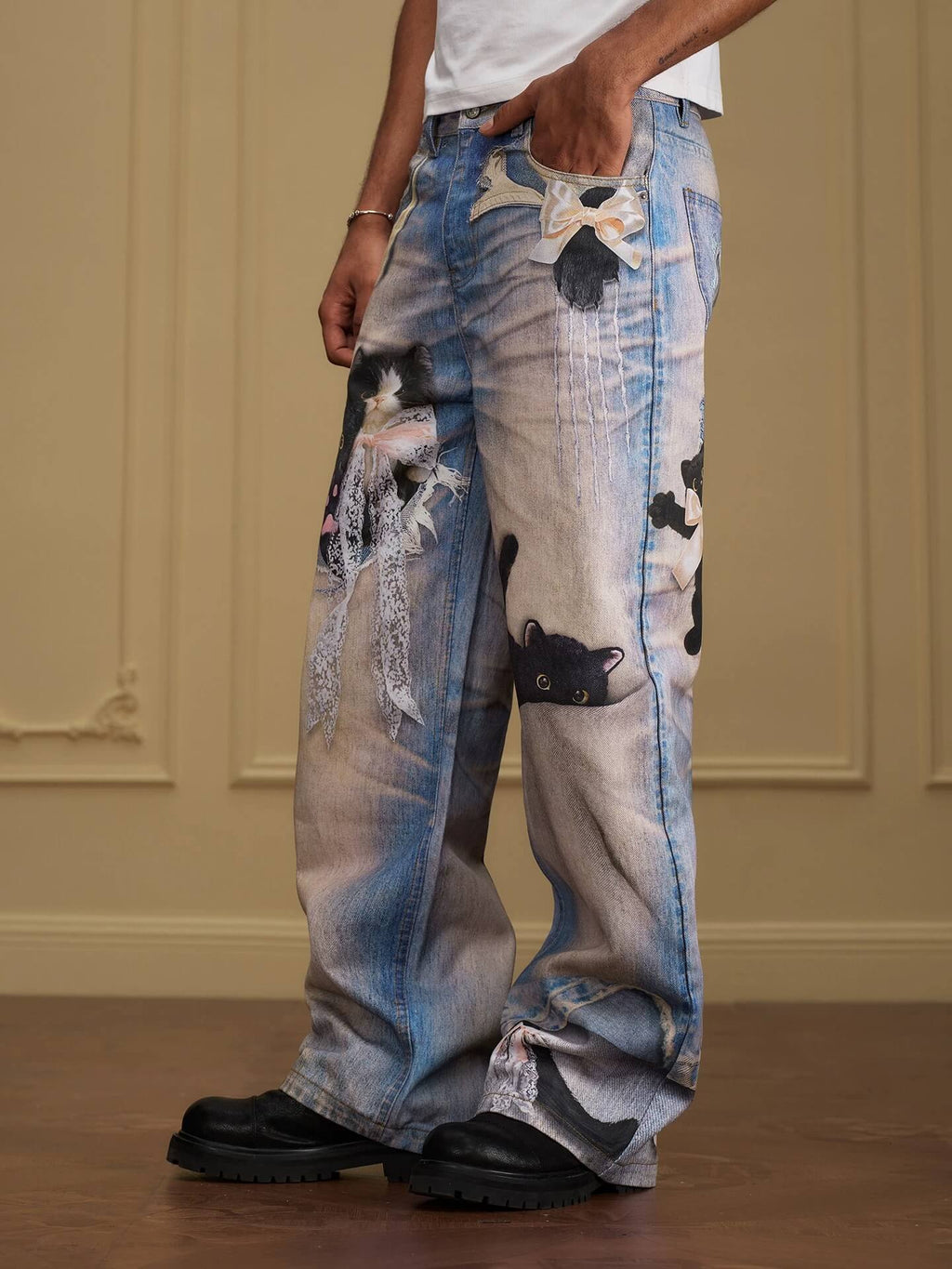 YADcrew Black Cat And Bow Print Baggy Jeans
