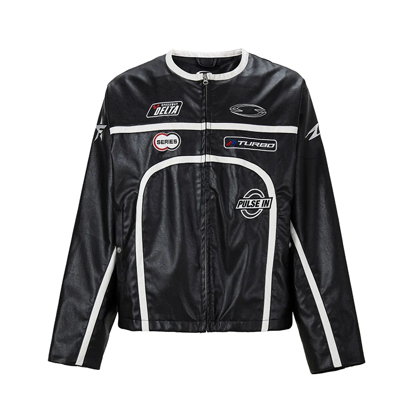 F2CE Striped Panel PU Leather Racing Jacket