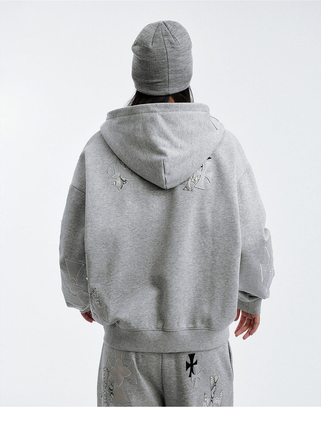 MEDM Cross Star Leather Patchwork Zip Up Hoodie