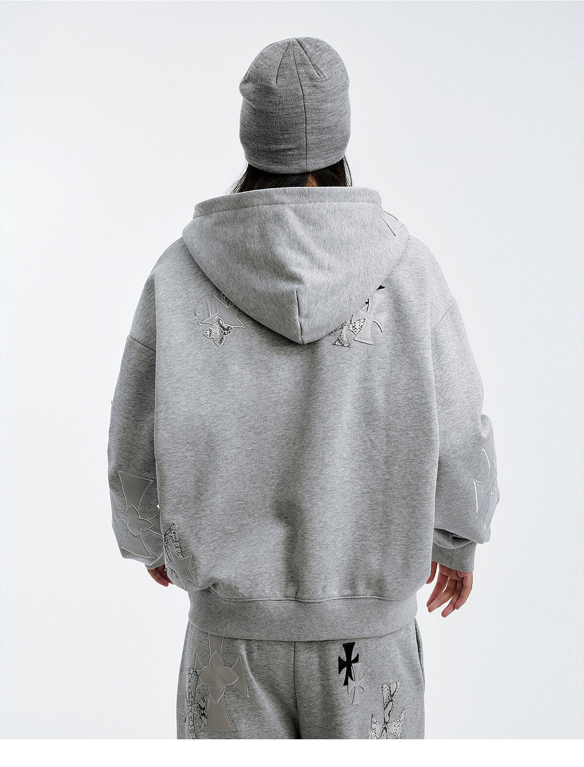 MEDM Cross Star Leather Patchwork Zip Up Hoodie