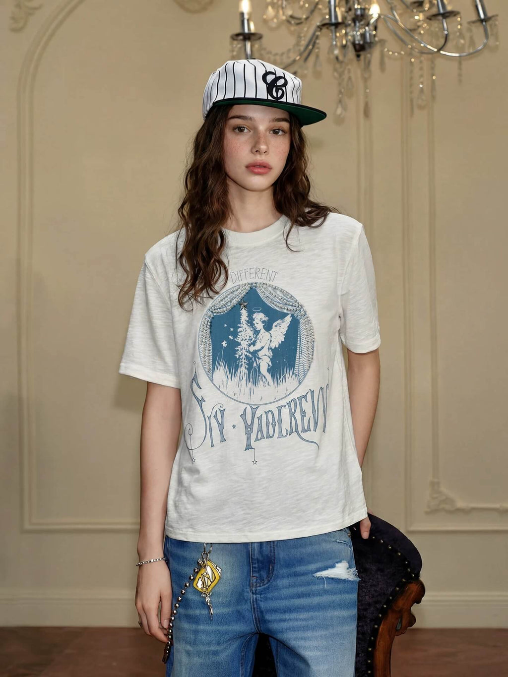 YADcrew Angel Print Star Studded Pearl Embellished Tee