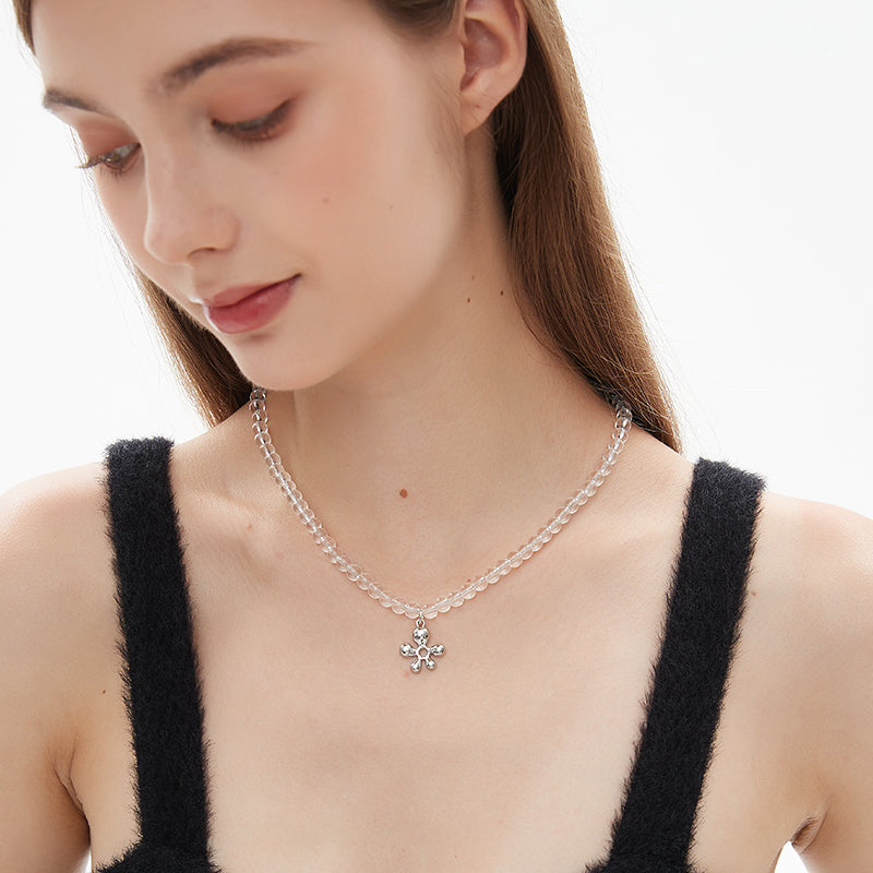 AWE Silver Irregular Flower Crystal Beaded Necklace