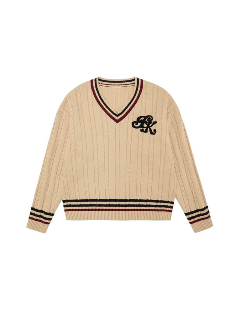 EVILKNIGHT(EK) Logo Cable Knit V Neck Sweater