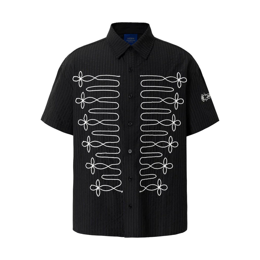 YADcrew Braid Embroidered Striped Seersucker Short Sleeve Shirt
