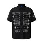 YADcrew Braid Embroidered Striped Seersucker Short Sleeve Shirt